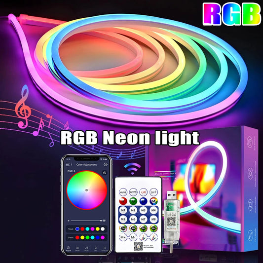 RGB Neon LED Strip Light with Bluetooth Control – Flexible Waterproof USB Neon Light for Home Decor